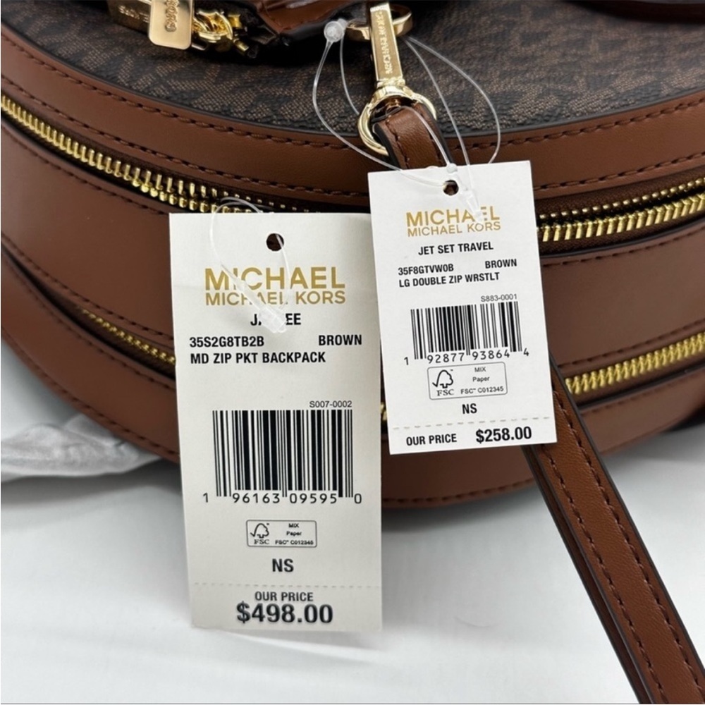 Michael Kors Medium Jaycee Zip Packet Backpack &Double Zip Wallet Wristlet Brown - Picture 16 of 16